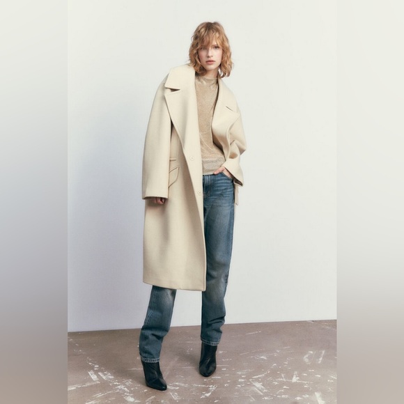 NWT Zara Oversized Double Breasted Pockets Vanilla Cream Long Jacket Sz XL